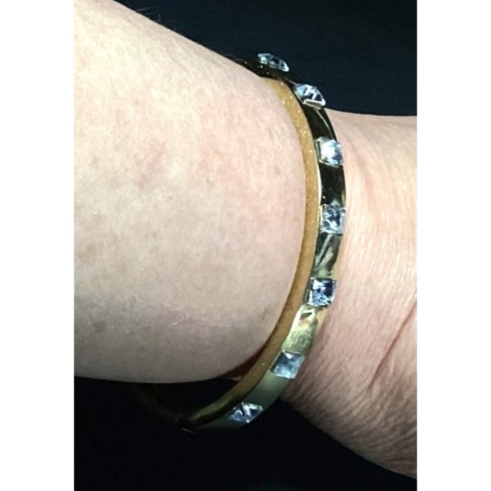 Gold Tone Hinged Metal Clamper Bangle Bracelet with Rhinestones - Picture 2 of 7